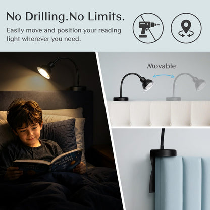 Solfres Patented Innovative Design Headboard Reading Light. No Drilling Golden Book Light for Bedtime Reading. Dimmable LED Book Reading Lamp with Bulb. Movable & Flexible, Gold