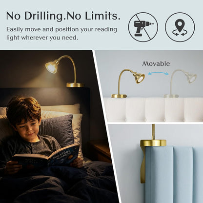 Solfres Innovative Design Rechargeable Headboard Reading Light. No Drilling Book Light for Bedtime Reading. Dimmable LED Lamp with Bulb. Movable & Flexible