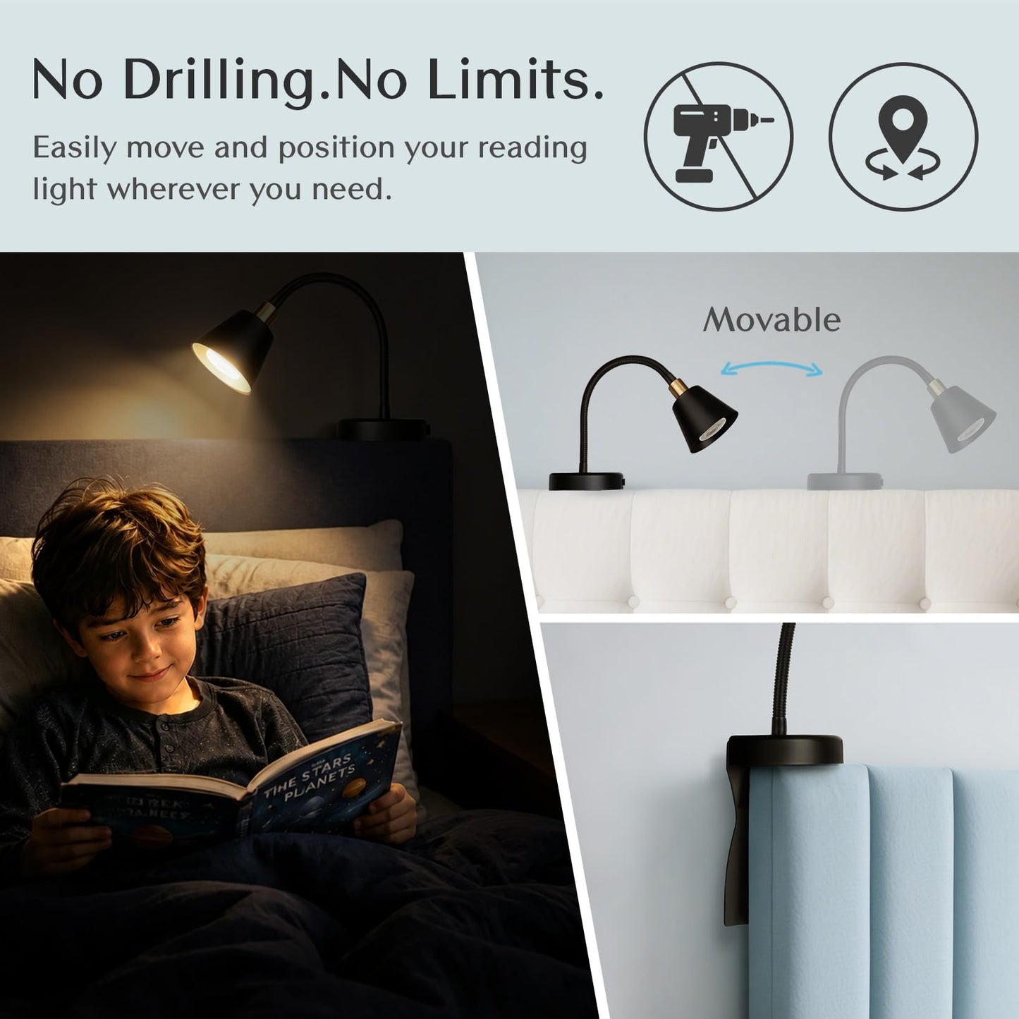 Solfres Innovative Design Rechargeable Headboard Reading Light. No Drilling Book Light for Bedtime Reading. Dimmable LED Lamp with Bulb. Movable & Flexible