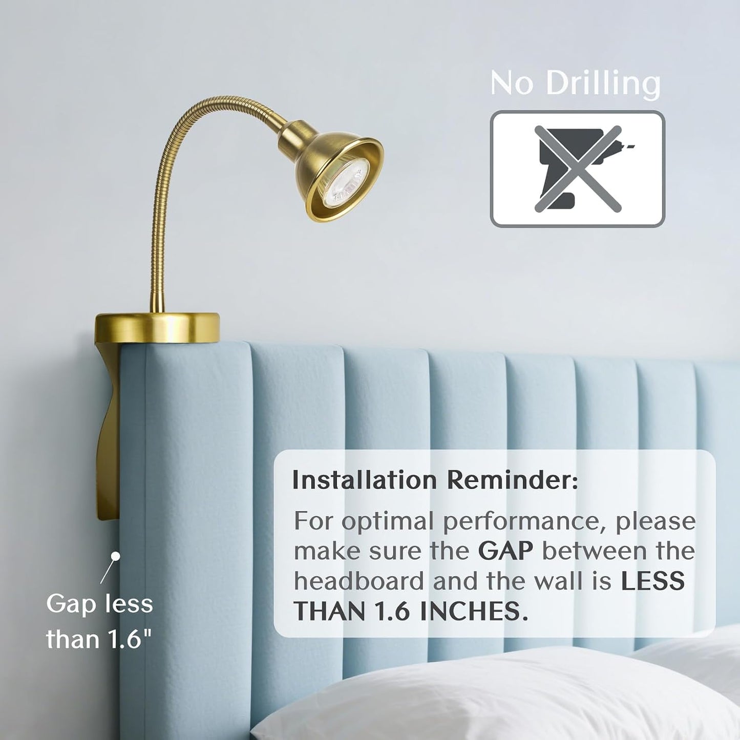 Solfres Innovative Design Rechargeable Headboard Reading Light. No Drilling Book Light for Bedtime Reading. Dimmable LED Lamp with Bulb. Movable & Flexible
