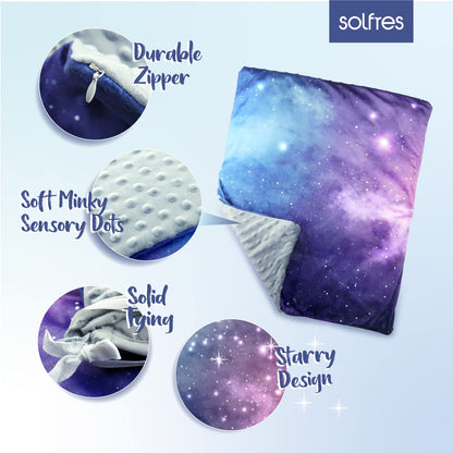 Solfres 5lbs Small Weighted Lap Pad Blanket Throw for Kids Boys Teens 20in x 23in - Sleep Therapy Plush Travel Size with Glass Beads, Dark Blue Universe Galaxy
