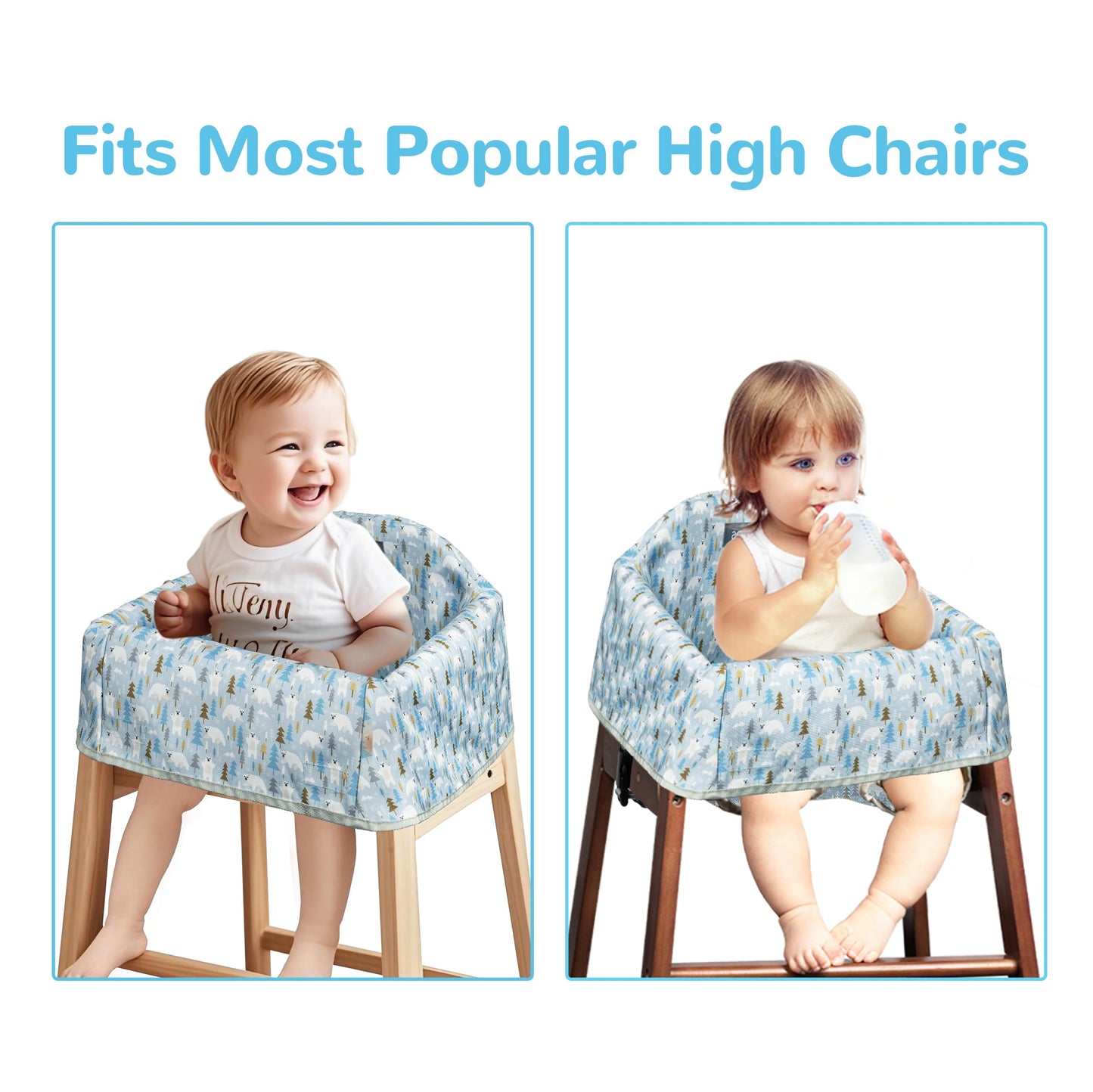 Dual-Belt Baby High Chair Cover, Upgrade Version, for Wooden or Restaurant High Chair, Sturdy and Robust Material, Waterproof Washable Stain and Slip Resistant, Blue Polar Bear