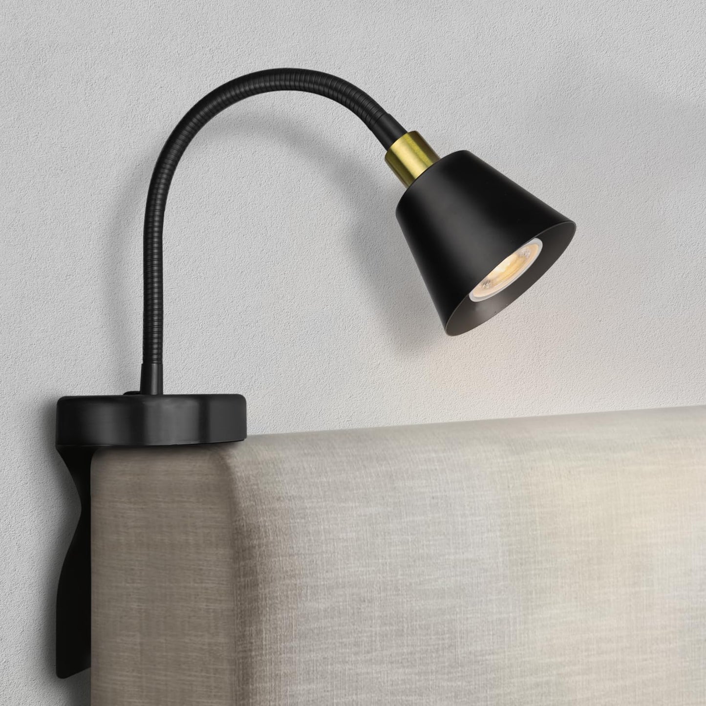 Solfres Patented Innovative Design Headboard Reading Light. No Drilling Golden Book Light for Bedtime Reading. Dimmable LED Book Reading Lamp with Bulb. Movable & Flexible, Black