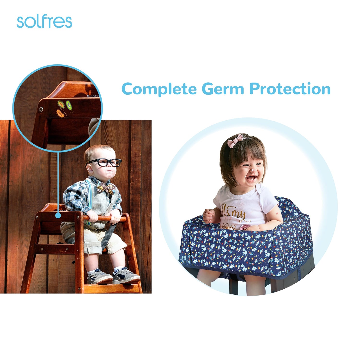 Dual-Belt Baby High Chair Cover, Upgrade Version, for Wooden or Restaurant High Chair, Sturdy and Robust Material, Waterproof Washable Stain and Slip Resistant, Blue Polar Bear