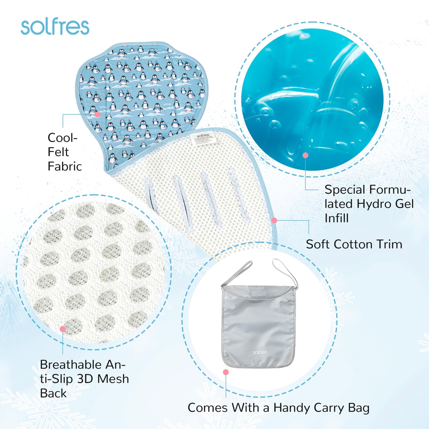 Solfres Hydro Gel Car Seat Cooler Mat with Ice Pack for Baby. Carseat and Stroller Cooling Pad Liner with Breathable 3D Mesh Anti-Slip Back. for Kids Toddlers, Blue Penguin