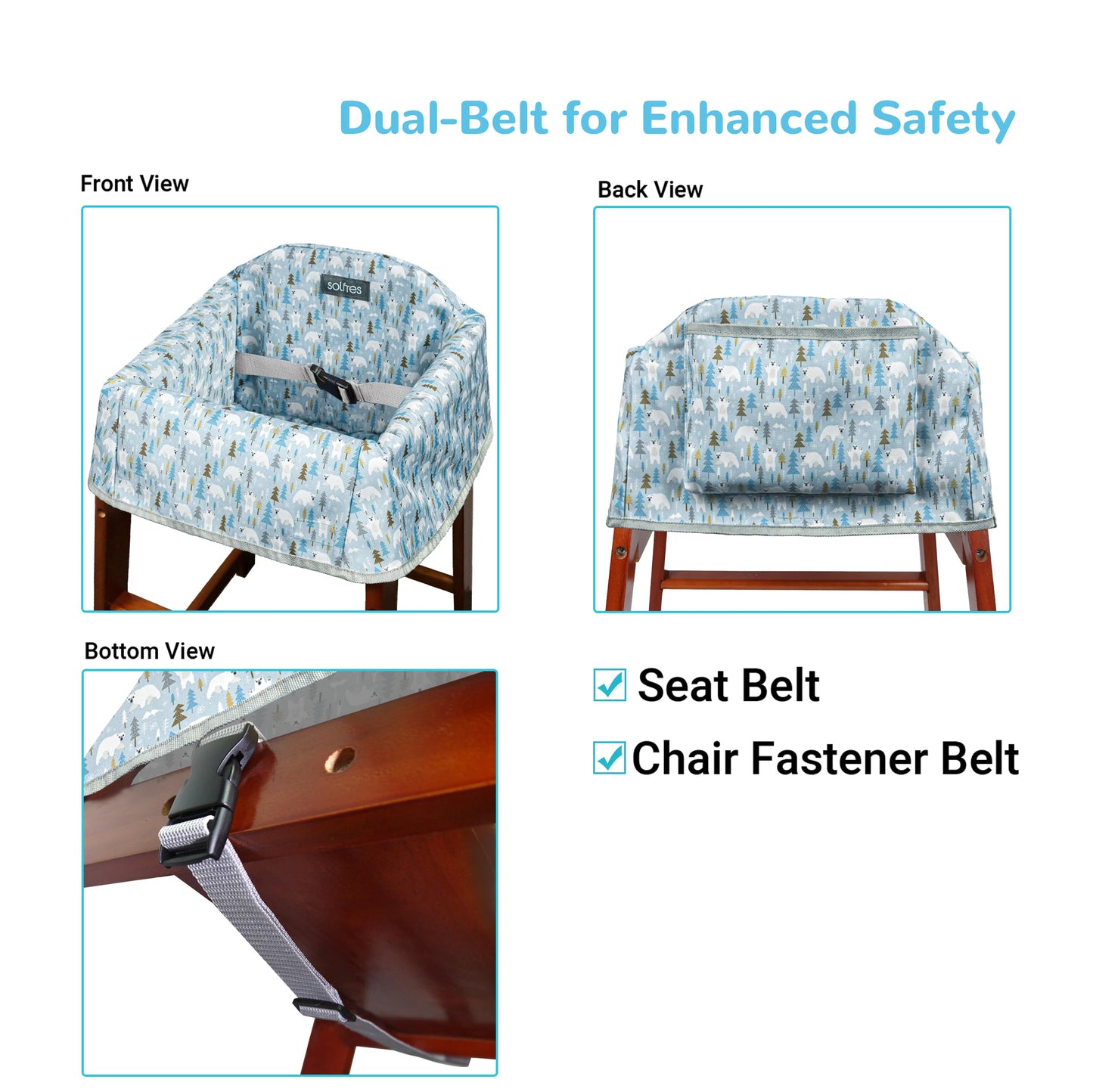 Dual-Belt Baby High Chair Cover, Upgrade Version, for Wooden or Restaurant High Chair, Sturdy and Robust Material, Waterproof Washable Stain and Slip Resistant, Blue Polar Bear