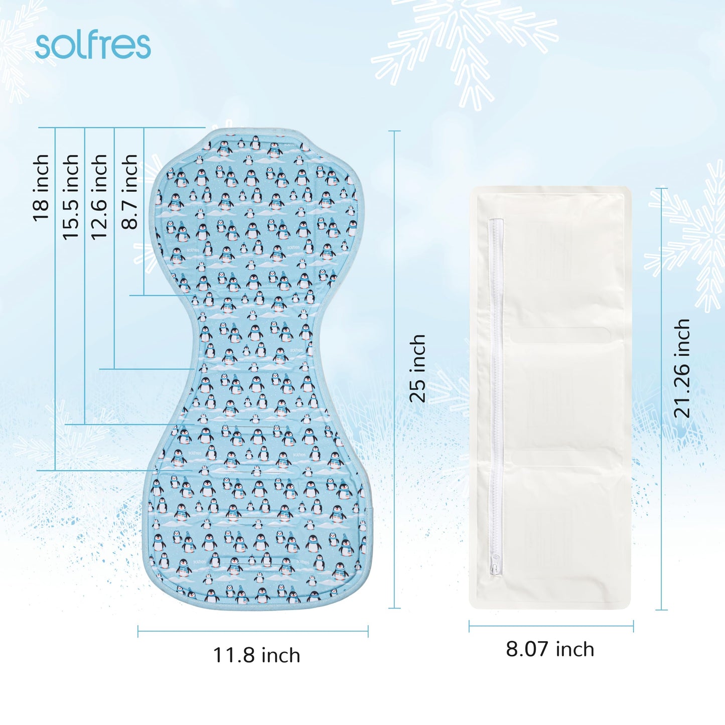 Solfres Hydro Gel Car Seat Cooler Mat with Ice Pack for Baby. Carseat and Stroller Cooling Pad Liner with Breathable 3D Mesh Anti-Slip Back. for Kids Toddlers, Blue Penguin