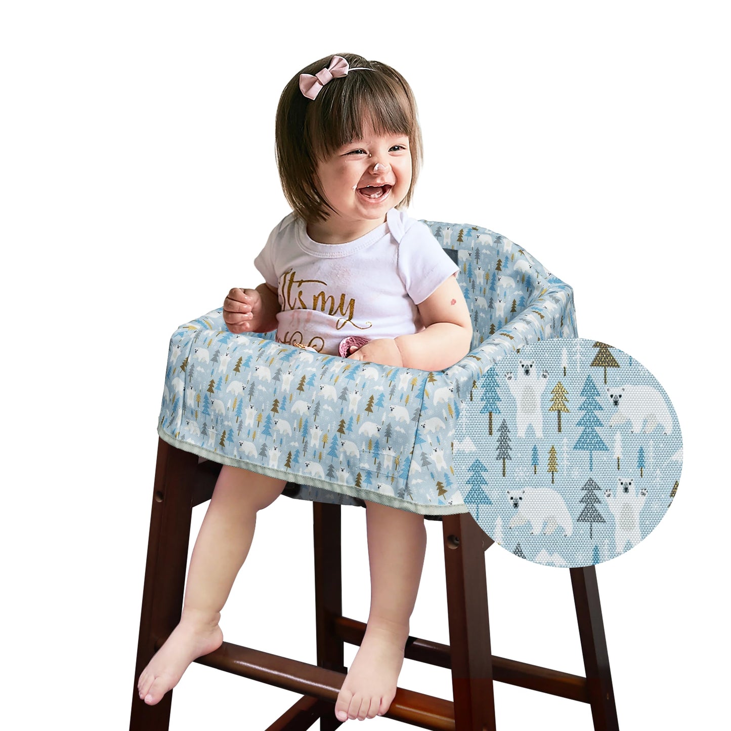 Dual-Belt Baby High Chair Cover, Upgrade Version, for Wooden or Restaurant High Chair, Sturdy and Robust Material, Waterproof Washable Stain and Slip Resistant, Blue Polar Bear