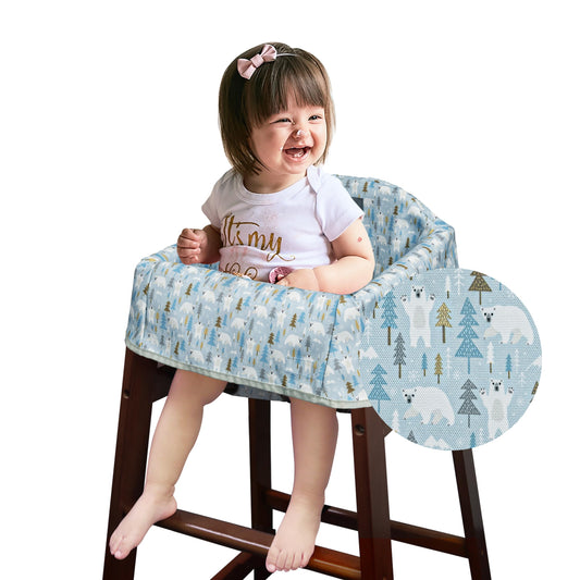Dual-Belt Baby High Chair Cover, Upgrade Version, for Wooden or Restaurant High Chair, Sturdy and Robust Material, Waterproof Washable Stain and Slip Resistant, Blue Polar Bear
