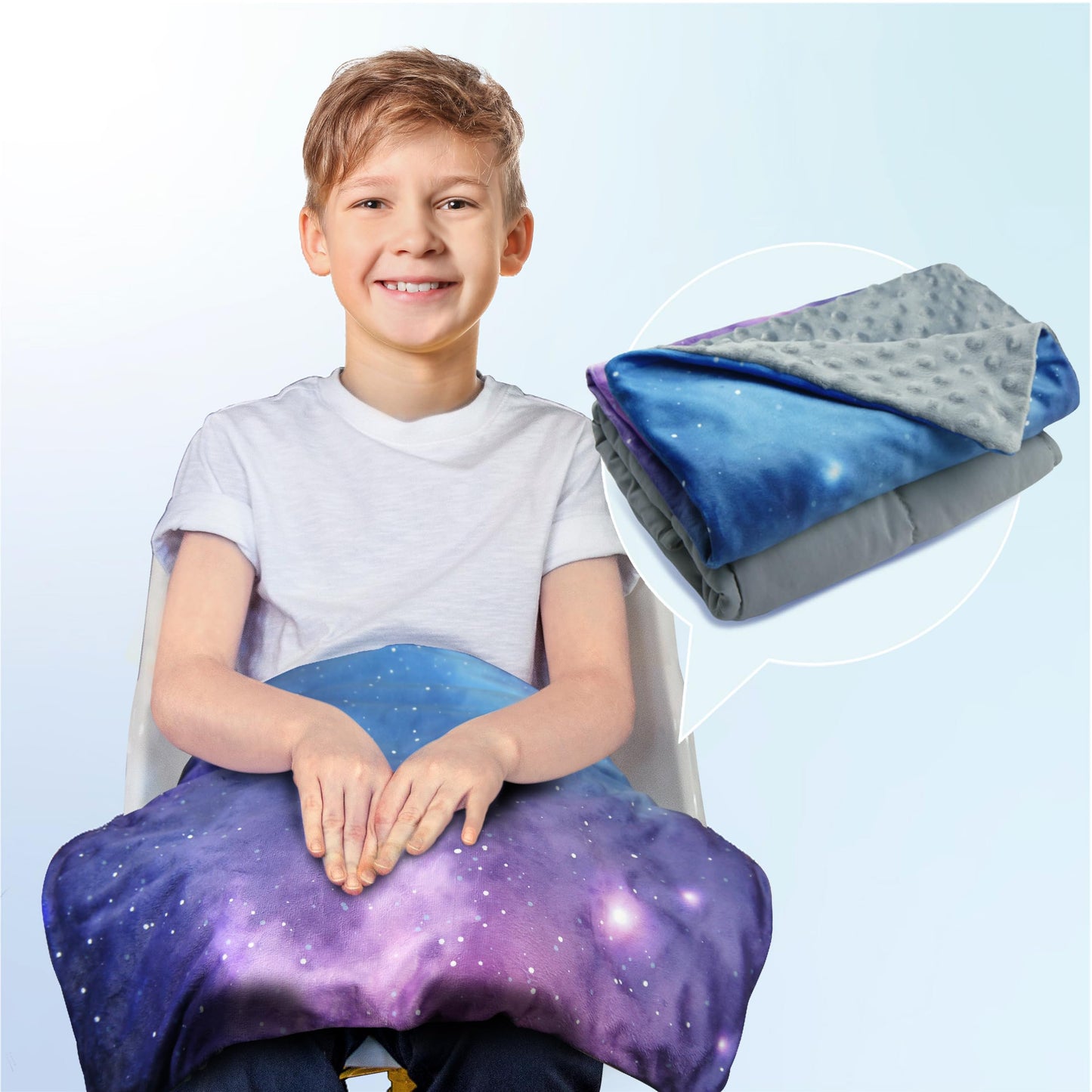 Solfres 5lbs Small Weighted Lap Pad Blanket Throw for Kids Boys Teens 20in x 23in - Sleep Therapy Plush Travel Size with Glass Beads, Dark Blue Universe Galaxy