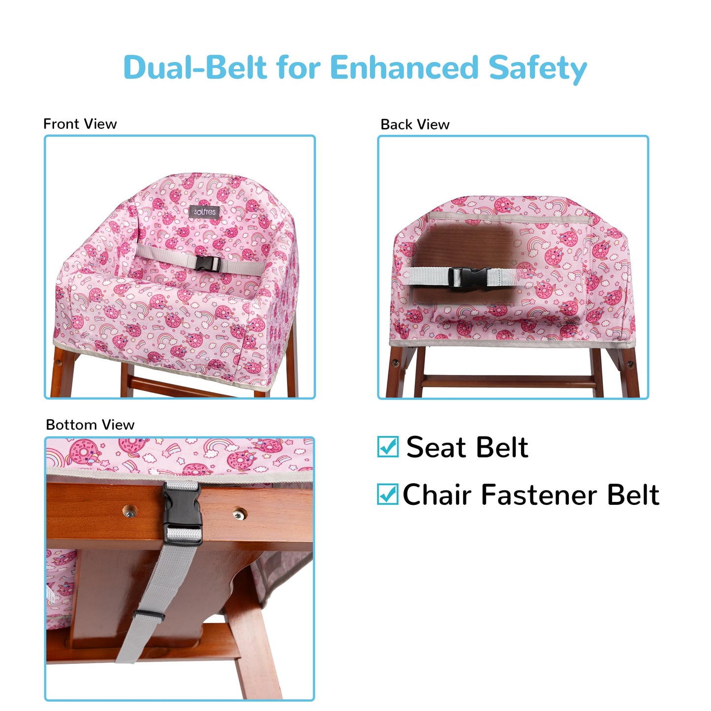 Solfres Dual-Belt High Chair Cover, Baby High Chair Cover, Upgrade Version, for Wooden or Restaurant High Chair, Sturdy and Robust Material, Heart-Shaped Donut, Pink Hot Pink Lilac