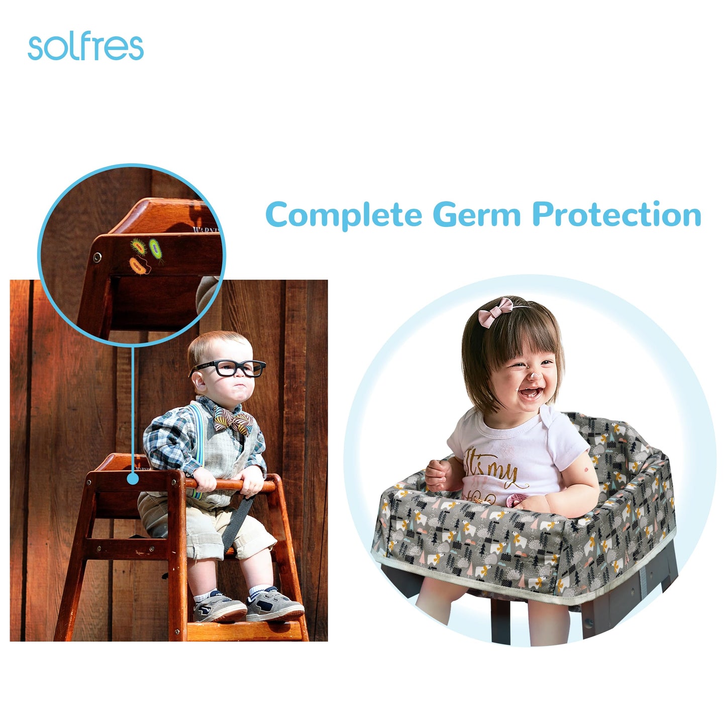 Dual-Belt Baby High Chair Cover, Upgrade Version, for Wooden or Restaurant High Chair, Sturdy and Robust Material, Waterproof Washable Stain and Slip Resistant, Blue Polar Bear