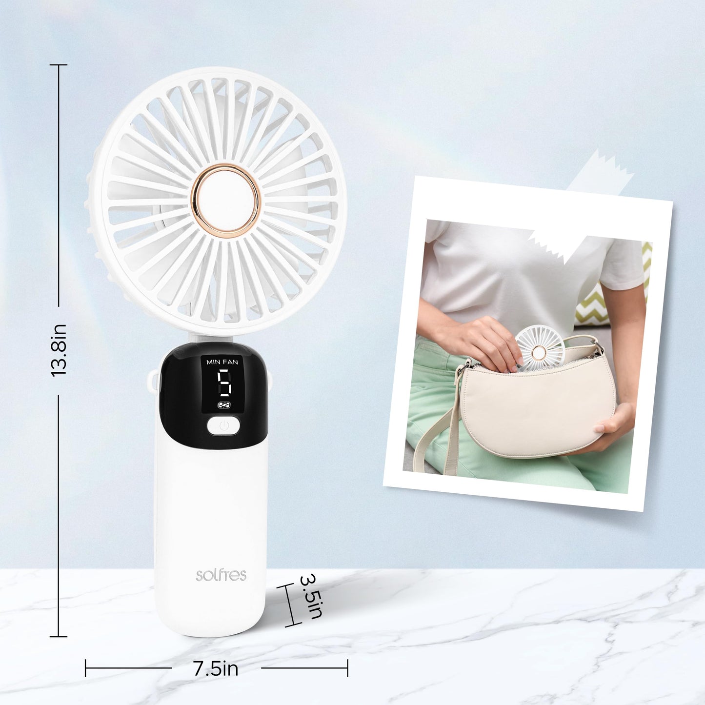 Solfres Portable Mini Handheld Fan, Digital Display, 5 Speeds, 90° Adjustable and Foldable, Rechargeable Fan for Outdoor Indoor Travel Desktop, Pink