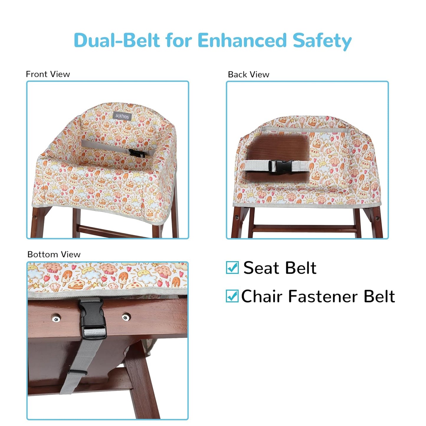 Dual-Belt High Chair Cover, Baby High Chair Cover, Upgrade Version, for Wooden or Restaurant High Chair, Sturdy and Robust Material, Creamy Cake