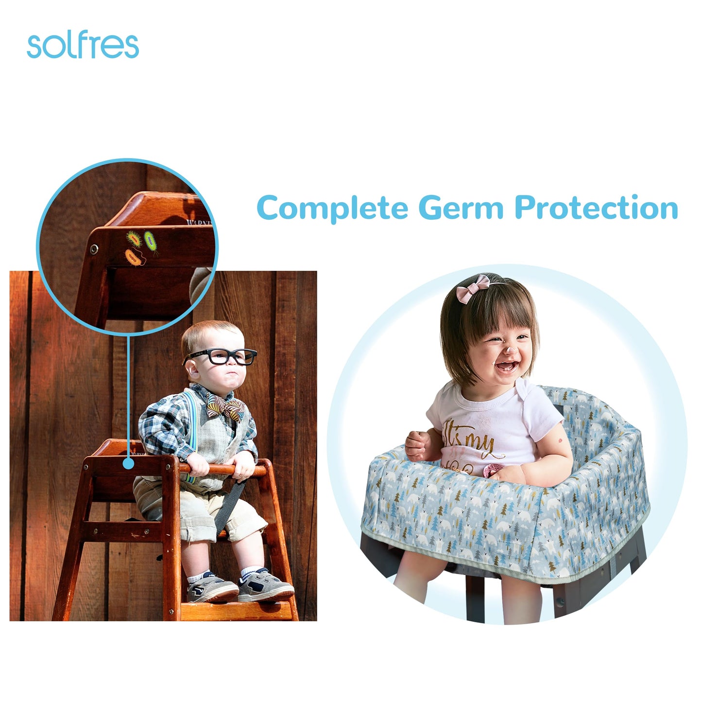 Dual-Belt Baby High Chair Cover, Upgrade Version, for Wooden or Restaurant High Chair, Sturdy and Robust Material, Waterproof Washable Stain and Slip Resistant, Blue Polar Bear