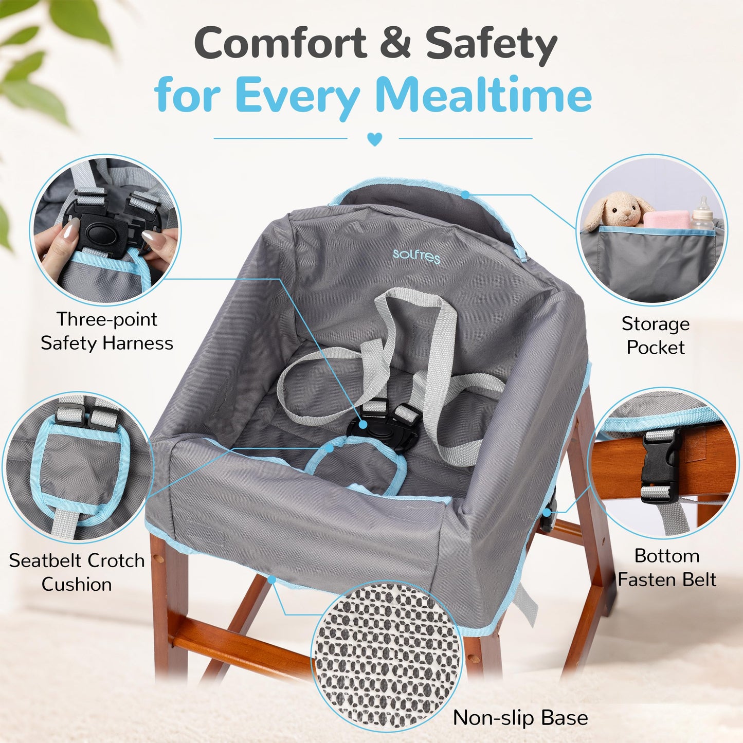Baby High Chair Cover for Restaurant & Travel, 3-Point Harness, Navy Blue