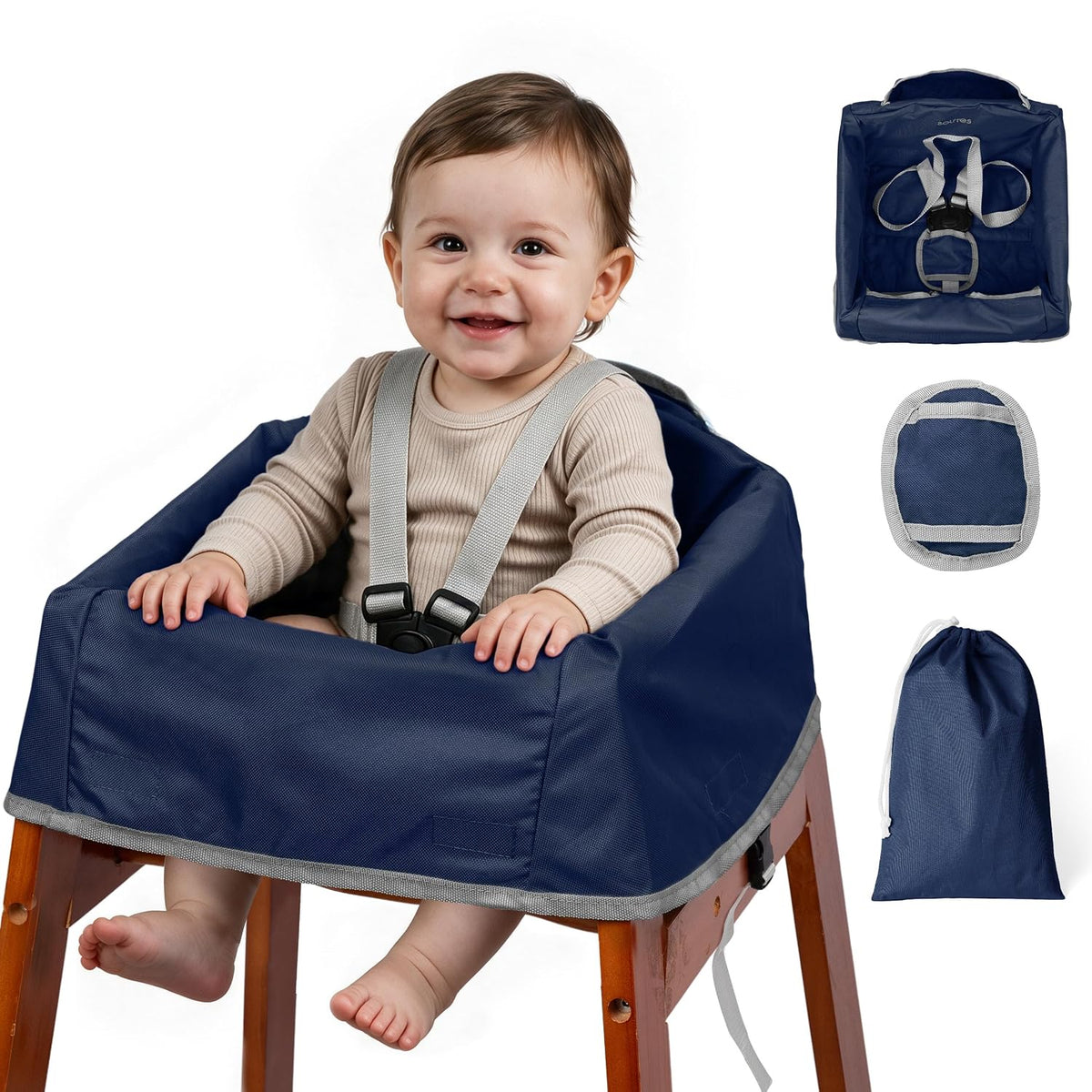Baby High Chair Cover for Restaurant & Travel, 3-Point Harness, Navy Blue