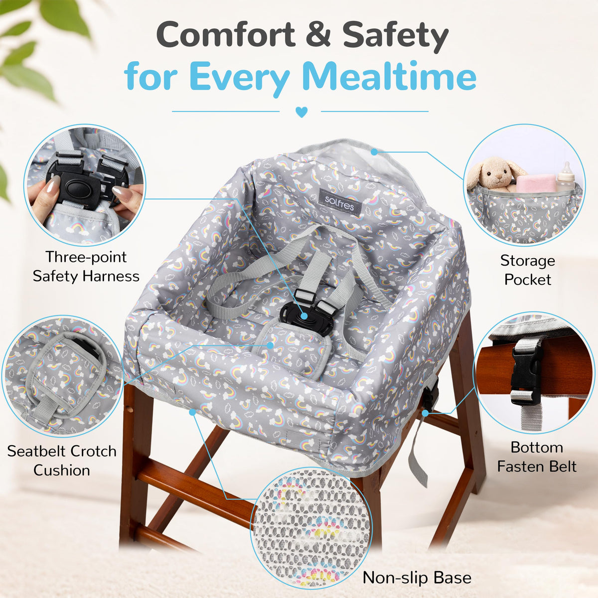 Baby High Chair Cover for Restaurant & Travel, 3-Point Harness, Navy Blue