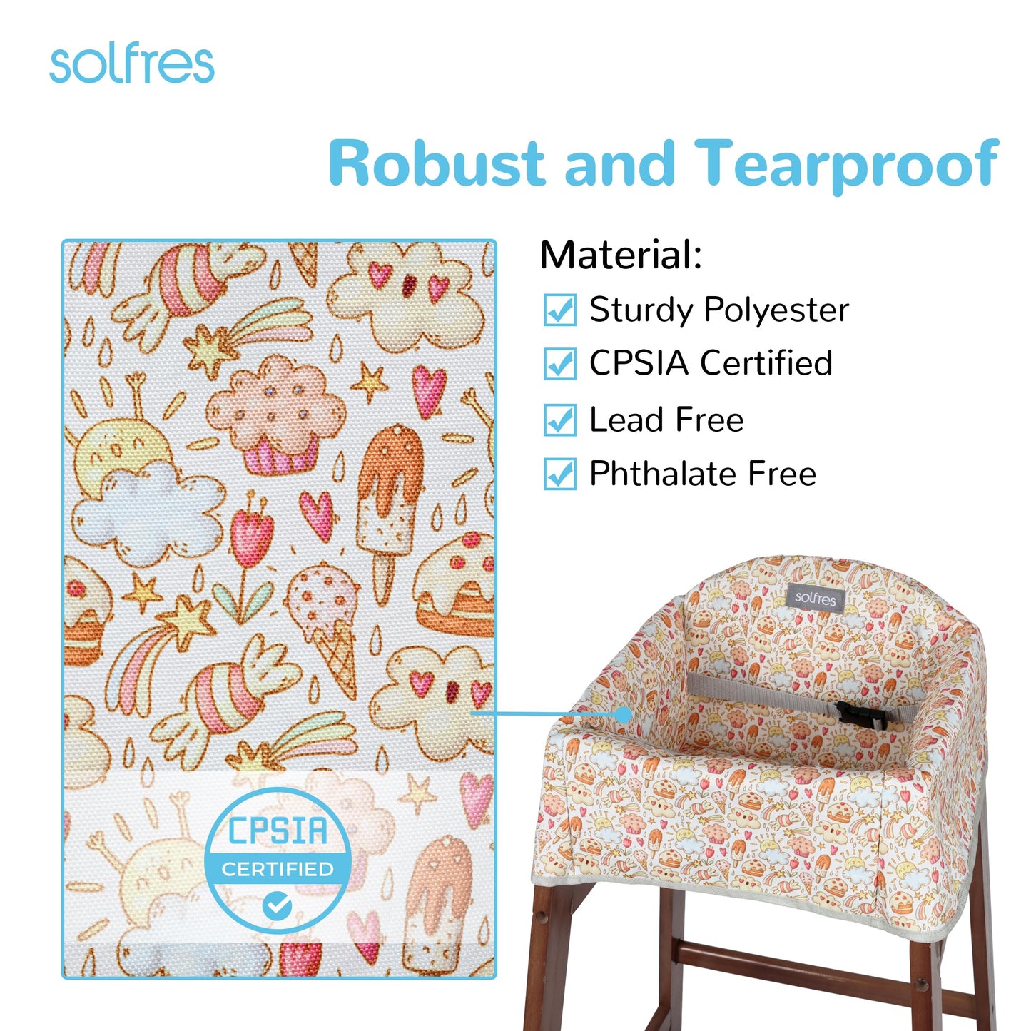 Dual-Belt Baby High Chair Cover, Upgrade Version, for Wooden or Restaurant High Chair, Sturdy and Robust Material, Waterproof Washable Stain and Slip Resistant, Blue Polar Bear