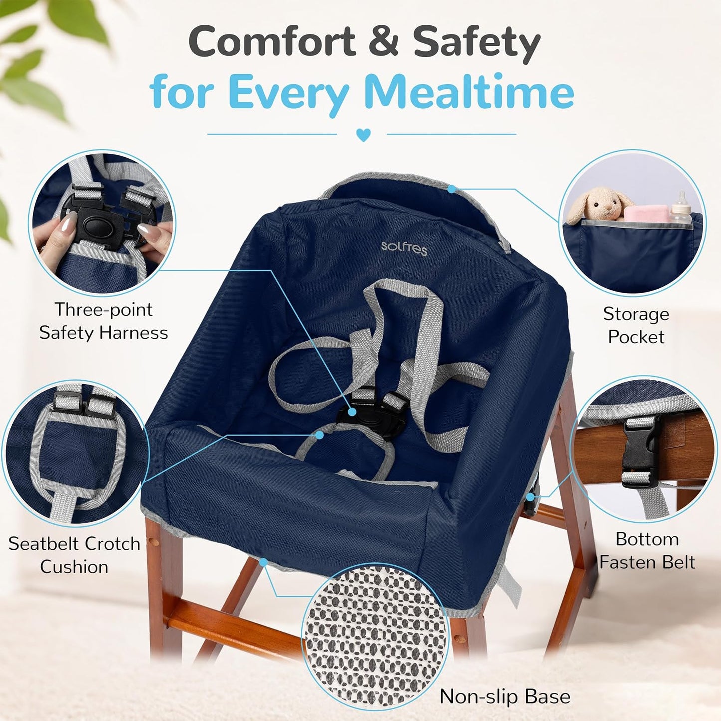Baby High Chair Cover for Restaurant & Travel, 3-Point Harness, Navy Blue