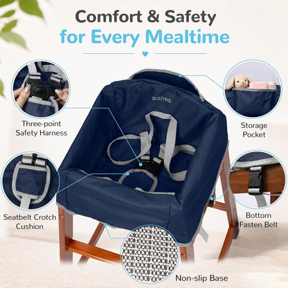 Baby High Chair Cover for Restaurant & Travel, 3-Point Harness, Navy Blue