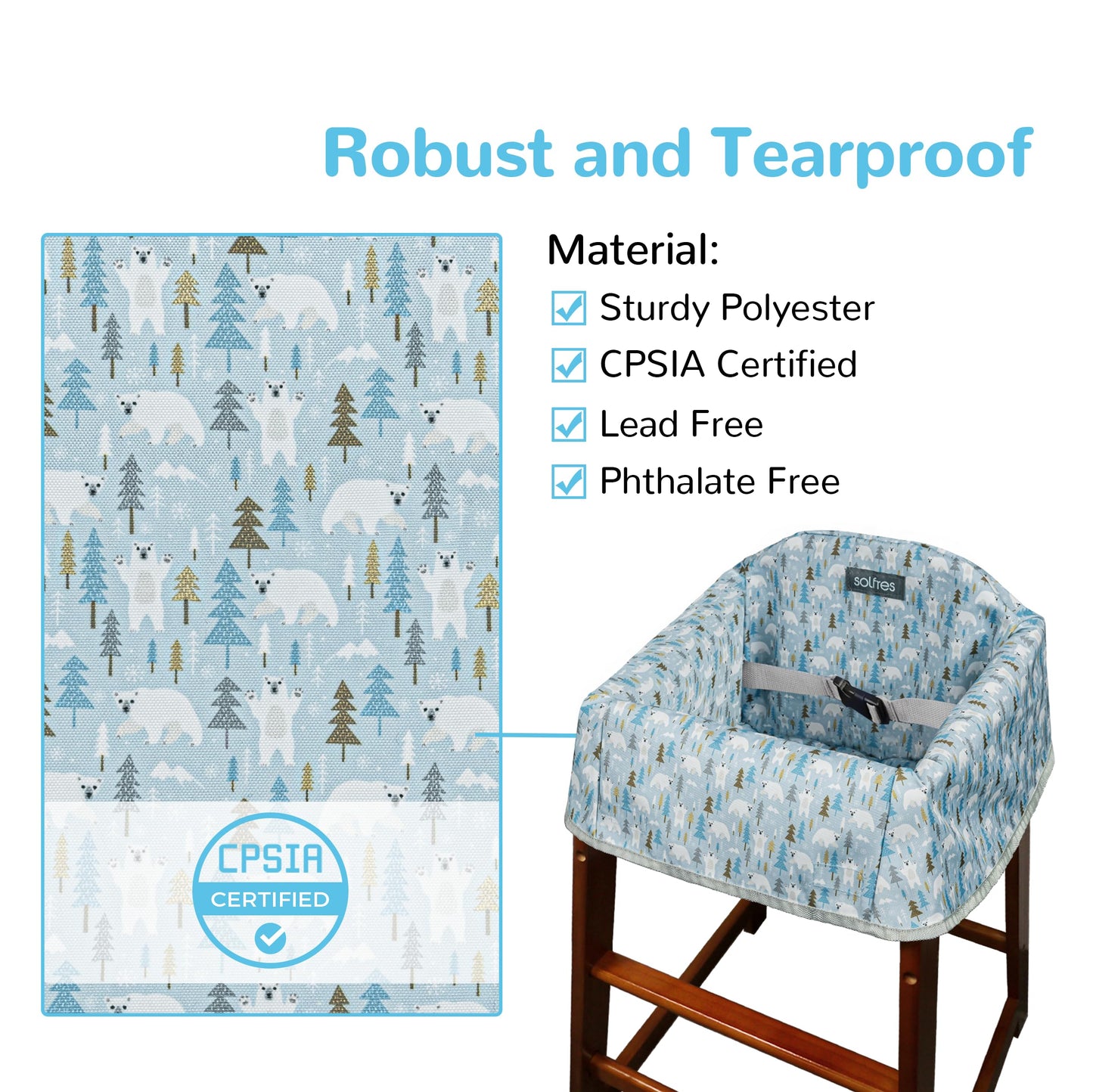 Dual-Belt Baby High Chair Cover, Upgrade Version, for Wooden or Restaurant High Chair, Sturdy and Robust Material, Waterproof Washable Stain and Slip Resistant, Blue Polar Bear