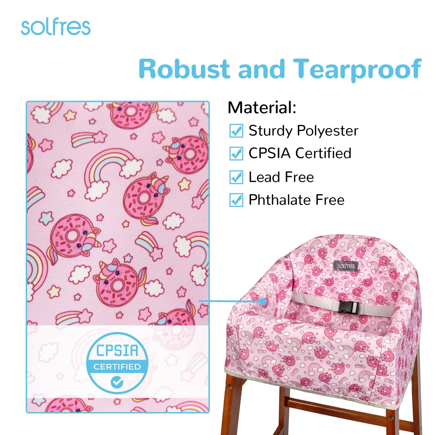 Solfres Dual-Belt High Chair Cover, Baby High Chair Cover, Upgrade Version, for Wooden or Restaurant High Chair, Sturdy and Robust Material, Heart-Shaped Donut, Pink Hot Pink Lilac