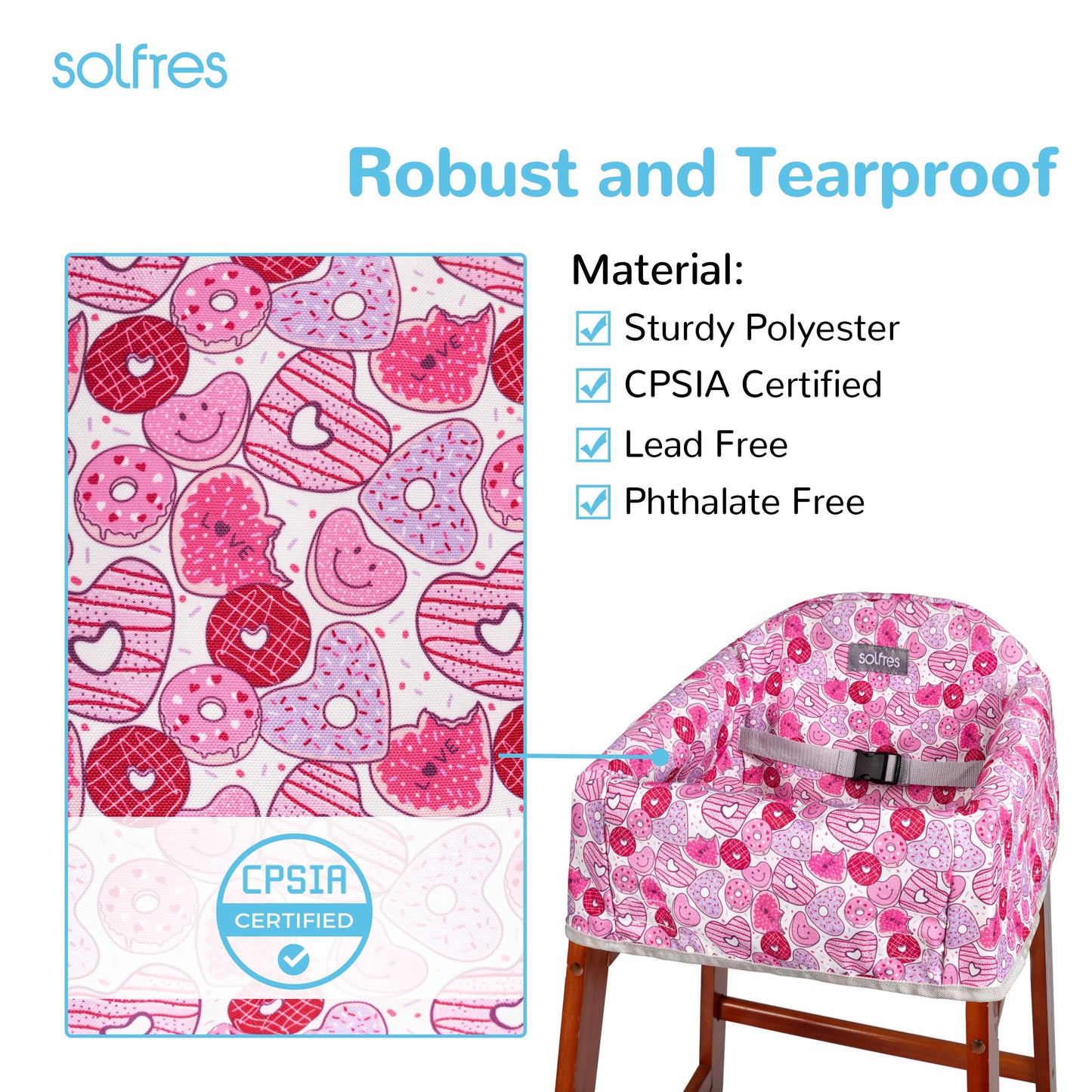 Solfres Dual-Belt High Chair Cover, Baby High Chair Cover, Upgrade Version, for Wooden or Restaurant High Chair, Sturdy and Robust Material, Heart-Shaped Donut, Pink Hot Pink Lilac