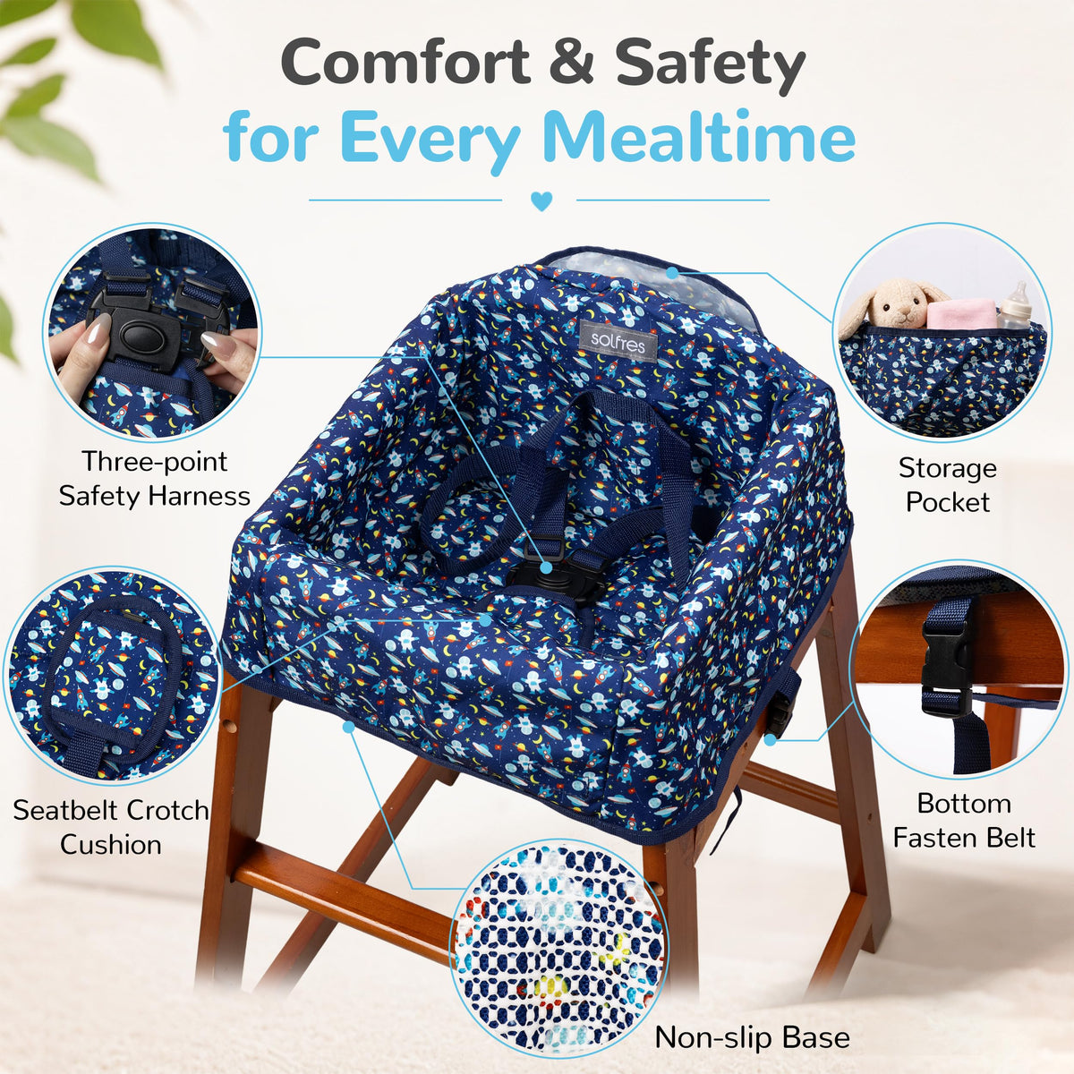 Baby High Chair Cover for Restaurant & Travel, 3-Point Harness, Navy Blue