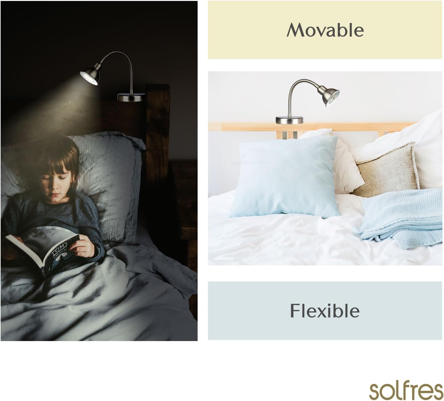 Solfres Innovative Design Headboard Reading Light. No Drilling Golden Book Light for Bedtime Reading. Dimmable LED Book Reading Lamp with Bulb. Movable & Flexible, Black
