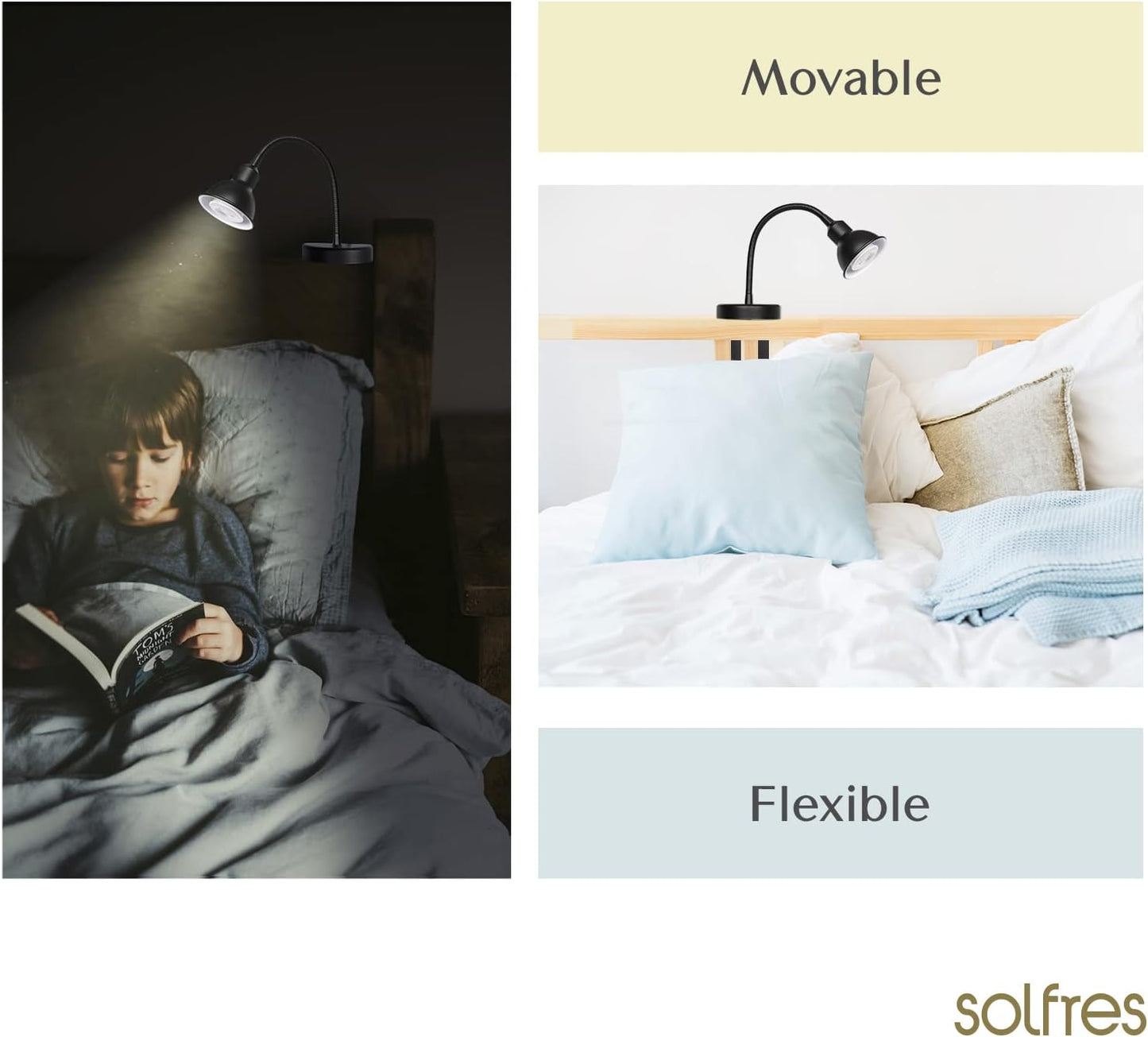 Solfres Innovative Design Headboard Reading Light. No Drilling Golden Book Light for Bedtime Reading. Dimmable LED Book Reading Lamp with Bulb. Movable & Flexible, Black