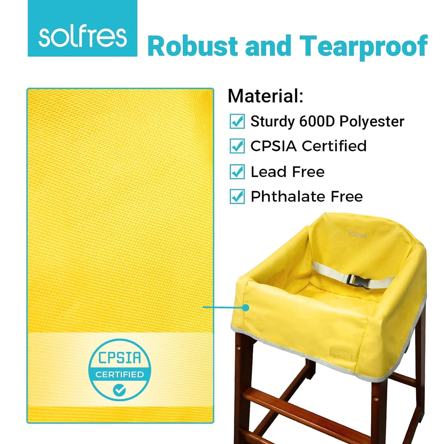 Solfres Dual-Belt High Chair Cover, Baby High Chair Cover, Upgrade Version, for Wooden or Restaurant High Chair, Sturdy and Robust Material, Yellow